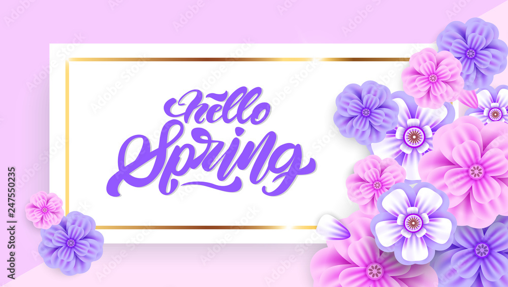 Hello spring in lettering style with realistic 3d flower. Invitation, posters, brochure, voucher discount. Vector illustration design
