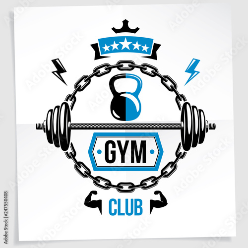 Weight-lifting championship vector promotion flyer composed using barbell and kettle bell sport equipment surrounded by iron chain.