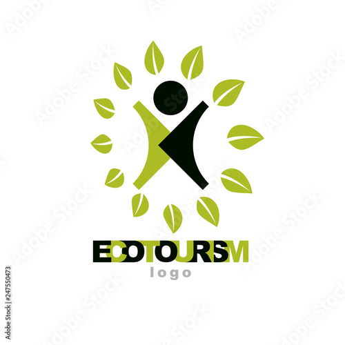 Vector illustration of excited abstract  man with raised reaching up. Ecotourism conceptual logo. Wellness and harmony symbolic symbol.
