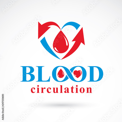 Vector illustration of heart shape with arrows and drops of blood. Cardiovascular illness treatment concept for use as cardio center emblem.