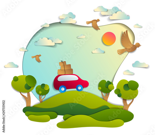 Red car with baggage in scenic nature landscape  green fields and trees  birds and clouds in the sky  paper cut style vector illustration of summer holidays travel and tourism  family or friends.