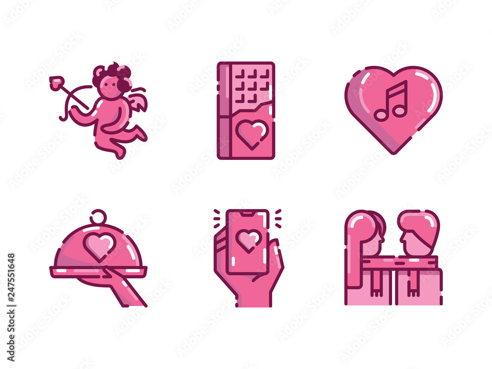 Valentines icon set. Filled and outline icons style. Valentines icon set. Filled and outline icons style.