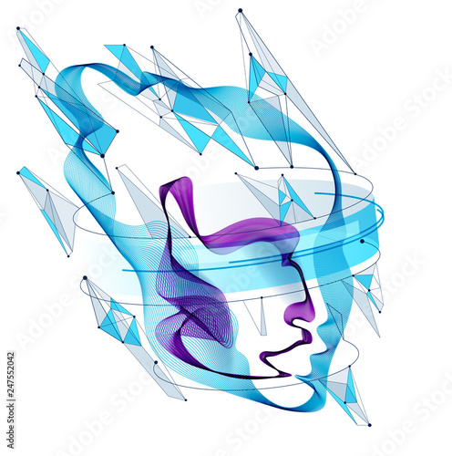 Abstract artistic human head portrait made of dotted particles array, vector illustration of Artificial Intelligence, software digital visual interface.