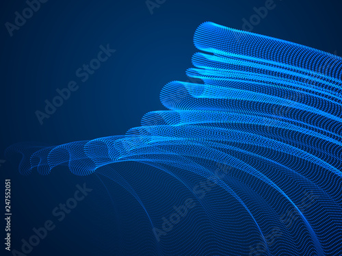 Flowing magic particles wave over dark, transparent tulle textile on wind, dynamic motion curve lines. 3d vector illustration. Beautiful calming wave shaped array of blended points.