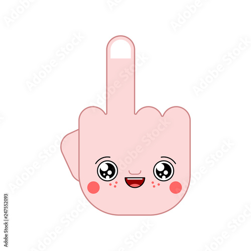 Fuck kawaii Cute cartoon. Funny Bad gesture. Sweet Middle finger up vector illustration