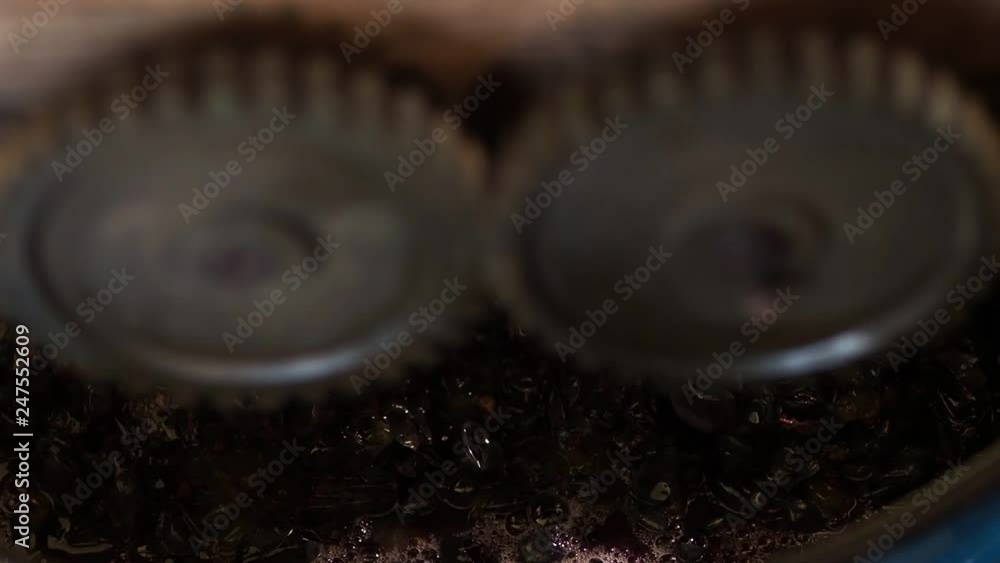 Two gears rotate in different directions. Mechanical progress of the metal mechanism. Waste from grapes berries falls down. Top view. Two gears rotate in different directions. Mechanical progress of the metal mechanism. Waste from grapes berries falls down. Top view.