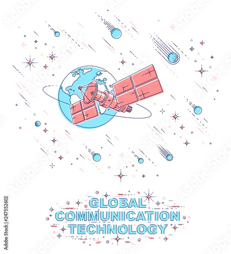 Communication satellite flying orbital spaceflight around earth, spacecraft space station with solar panels and satellite antenna plate, under meteor rain and stars. Vector.