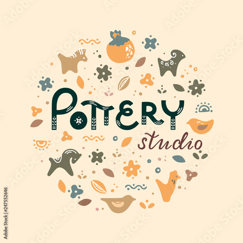 Circle template pottery workshop, ceramics classes banner illustration. Art shop template with lettering or place for text. Vector line icon of clay studio tools. Hand building, sculpturing equipment.
