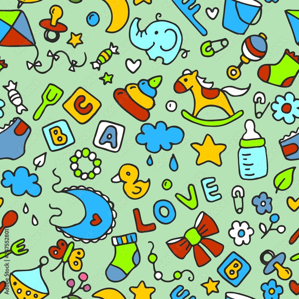 Multicolored pattern for kids and design. Background with the image of children's toys and objects. Horse, pyramid, cubes, love, whirligig, bucket, fork, spoon, cloud, flowers, elephant, duckling, nip