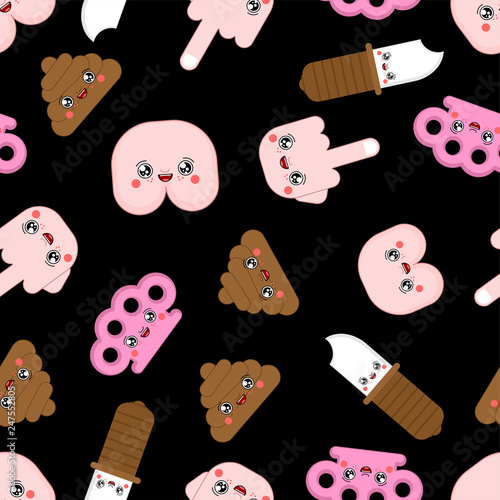 Cute Bad guy Pattern seamless. Bully cartoon background. Funny kawaii Shit and ass. Knife and Brass knuckles. Fuck Hooligan Adult vector texture