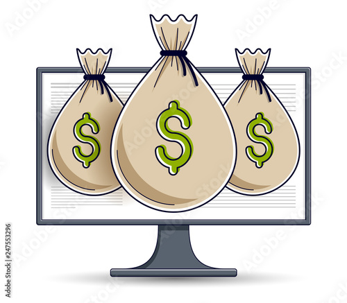 Money bag over computer monitor online banking or bookkeeping concept, internet electronic money, savings, vector design.