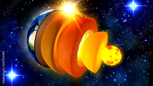 3d illustration of a cross-section and the structure of the earth from inner core to crust
