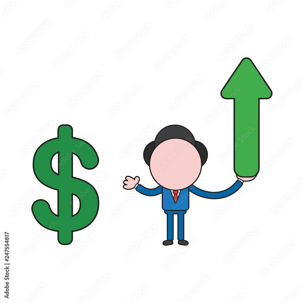 Vector businessman character holding arrow moving up and pointing dollar symbol. Color and black outlines. Vector businessman character holding arrow moving up and pointing dollar symbol. Color and black outlines.
