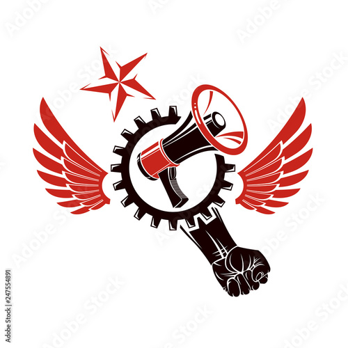 Vector leaflet created using clenched fists raised up, megaphone equipment and engineering cog wheel element. Dictatorship and manipulation theme, totalitarianism as the evil power.