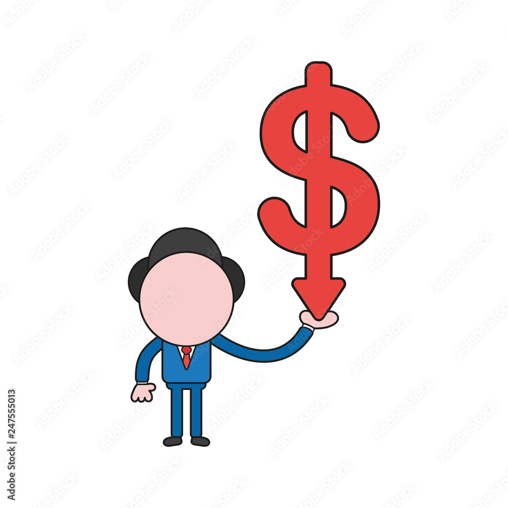 Vector businessman character holding dollar arrow moving down. Color and black outlines. Vector businessman character holding dollar arrow moving down. Color and black outlines.