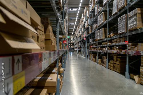 Warehouse aisle in an IKEA store. IKEA is the world's largest furniture retailer.
