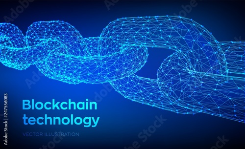 Block chain. Crypto currency. Blockchain concept. 3D Low polygonal chain consists of network connections. Concept of digital code. Editable cryptocurrency template. Vector illustration.