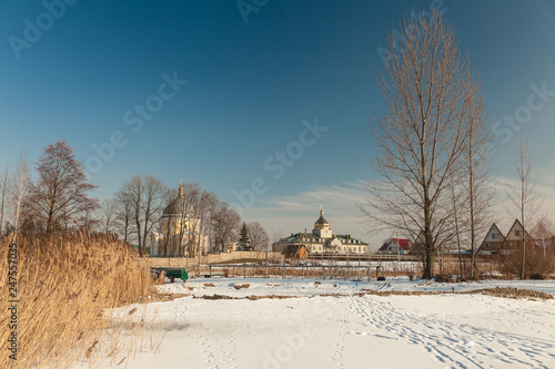 Old church Life-giving shot of buildings in the midst of the winter beauty of Svityaz Ukraine