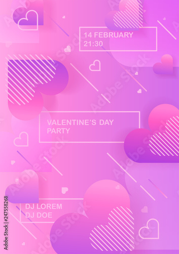 Happy Valentines day futuristic modern pink, red, purple colored background, card, poster or banner template. Heart with shadows, shapes in retro style Vector illustration
