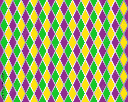 Traditional Mardi Gras seamless pattern with gold, green, yellow and violet colors. Harlequin vector pattern. Carnival Mardi Grass traditional seamless background. Argyle ornament.
