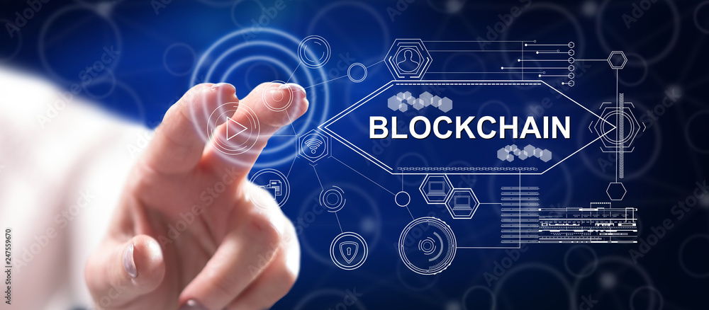 Woman touching a blockchain concept Woman touching a blockchain concept