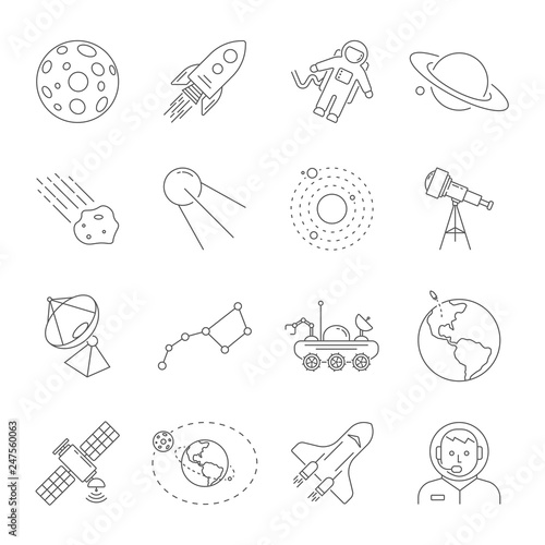 Astronomy and Space symbols collection. Thin line icons of the space theme. Contains such icons as Moon, Saturn, Earth, satellite, telescope, solar system, astronaut, moonrover. Editable Storke. EPS10
