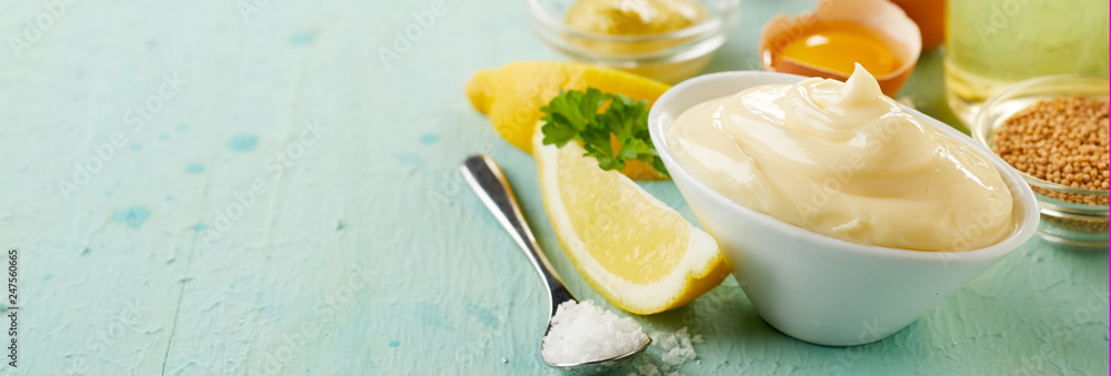 Bowl of creamy smooth gourmet mayonnaise - obrazy, fototapety, plakaty 