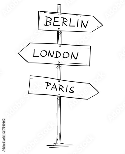 Artistic drawing of old wooden three directional road arrow sign with city Berlin, London and Paris texts.