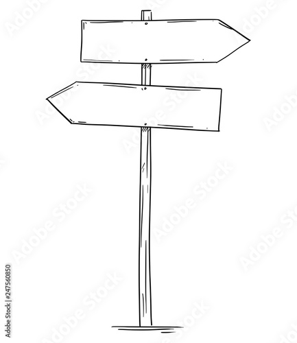 Artistic drawing of old empty or blank wooden two directions road arrow sign. Ready for your text.