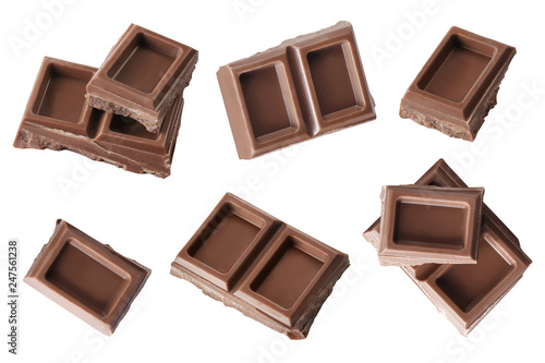 Collection of chocolate pieces, isolated on white background