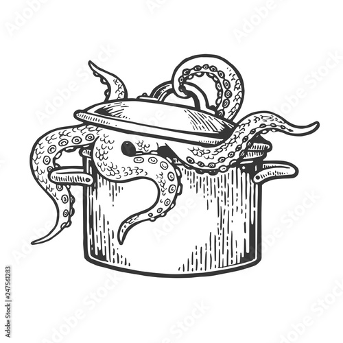 Octopus sea animal gets out of pan engraving vector illustration. Scratch board style imitation. Hand drawn image.