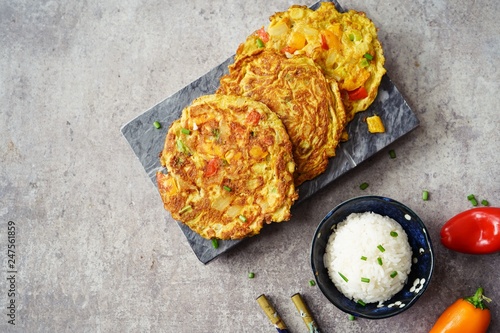 Egg Foo Young served with Jasmine rice photo