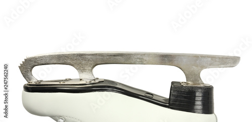 single metal blade of figure skates, woman white leather boot, side view, on isolated white background photo