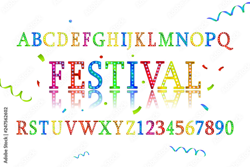 Font alphabet of colored confetti.
