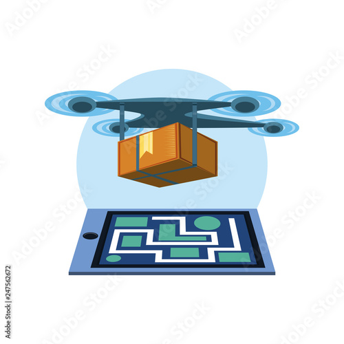 drone technology with box carton and paper map