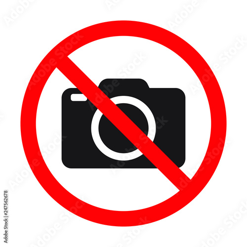 No cameras allowed sign. Red prohibition no camera sign. No taking pictures, no photographs sign.