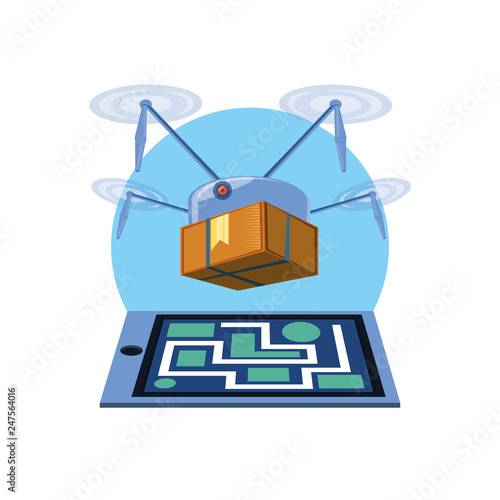 drone technology with box carton and paper map