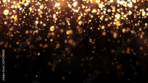 Background with golden glitter falling particles. Beautiful holiday background template for premium design. Falling gold particle with magic light