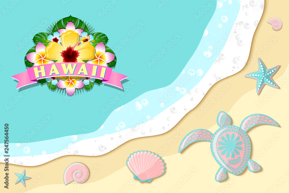 Top view of seashore with sea waves, turtle, shells, starfishes on sandy beach and floral decoration with lettering Hawaii. Top view of seashore with sea waves, turtle, shells, starfishes on sandy beach and floral decoration with lettering Hawaii.