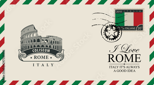 Vector envelope or postcard in retro style with Roman Coliseum, postmark and postage stamp with Italian flag. The monument of architecture of Ancient Rome. Inscription I love Rome