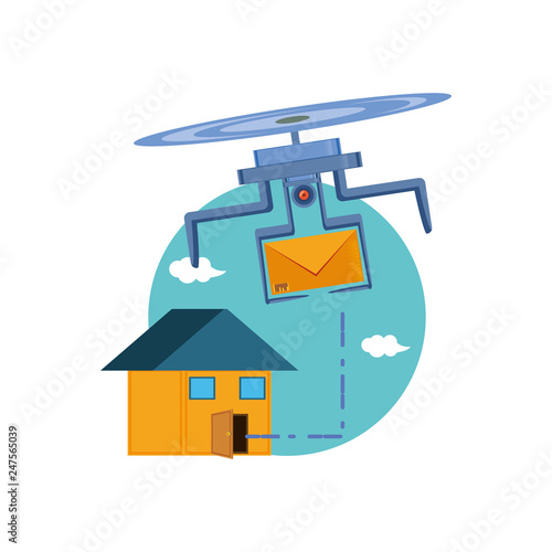 drone flying with envelope and house