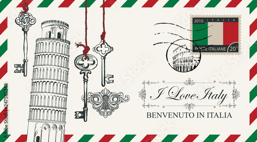 Photographie Vector envelope or postcard in retro style with leaning tower of Pisa and old keys, postmark in form of Roman Coliseum and postage stamp with Italian flag