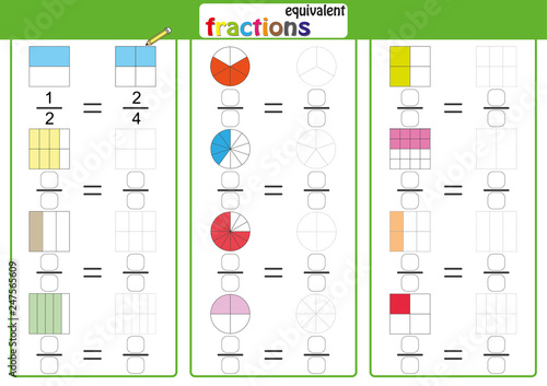 Equivalent frantions, mathematics, math worksheet, find , drawing, color