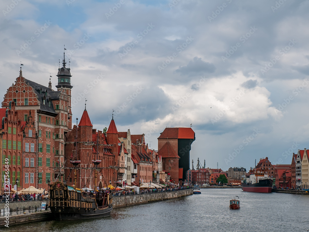 Quay of Motlawa river with colourful historic houses in Gdansk, Poland