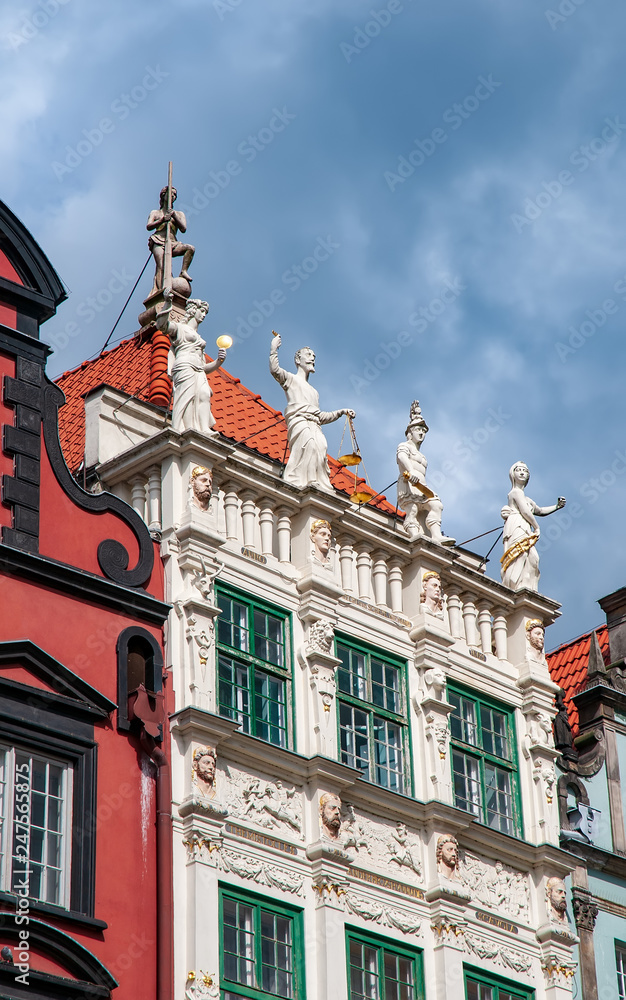 Ornamental facade of the Golden House in the Old Town of Gdansk, Poland