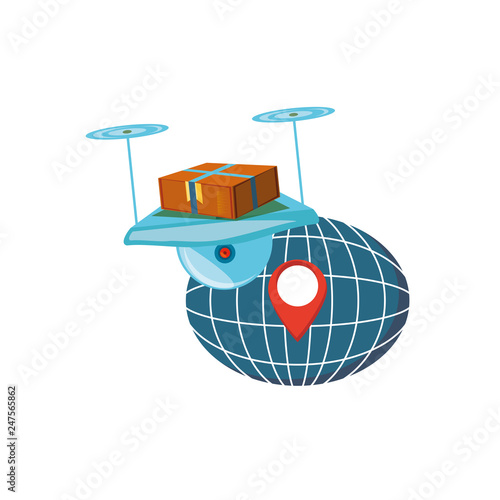 drone technology with box carton and sphere planet