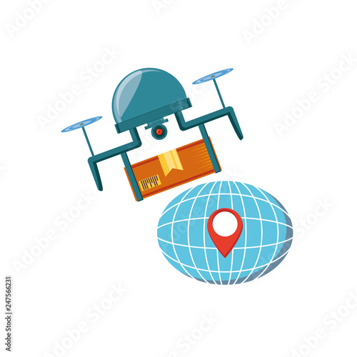drone technology with box carton and sphere planet