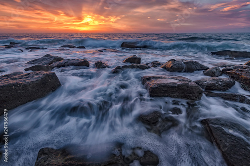 Seascape during sunrise. Beautiful natural seascape, blue hour. Sea sunrise at the Black Sea coast.