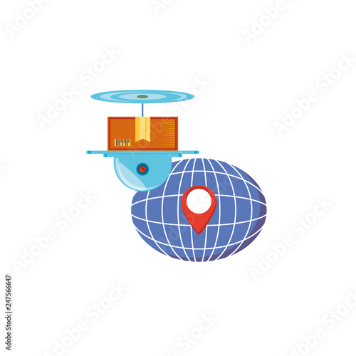 drone technology with box carton and sphere planet