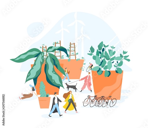 Concept of sustainable, eco or green city, car free area, urban sustainability, walkable urbanism. People walking among giant plants growing in pots. Colorful vector illustration in modern flat style.